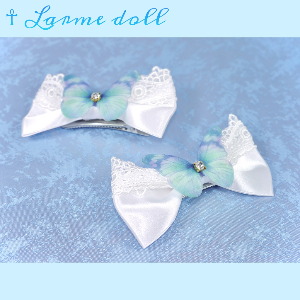 【完成品】【一点物】《☥》蝶々リボンヘアクリップ(リボンカラー▷白)
