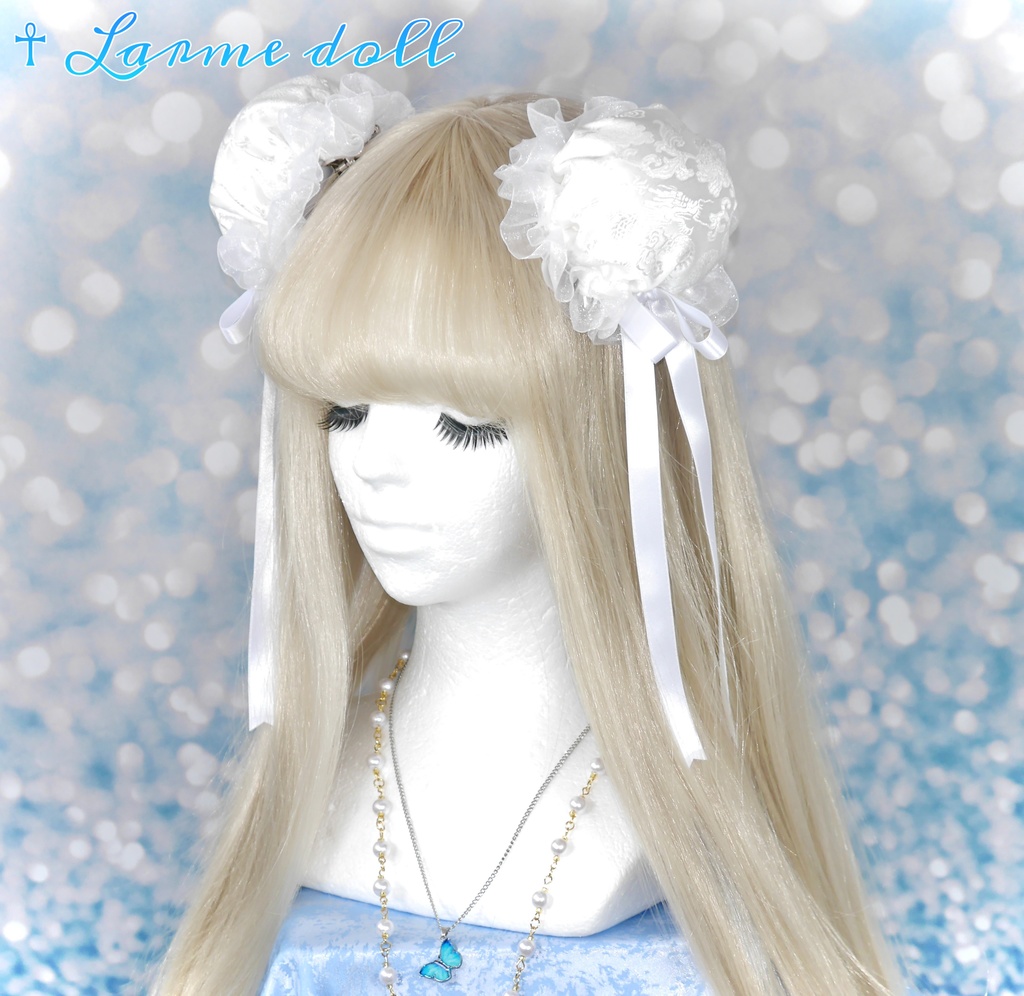 【受注生産】《☥》ゆめかわチャイナおだんごカバー 取り外し可能綿クッション+ヘアクリップ付き(オーガンジーレース白)(本体カバーカラー▷白)