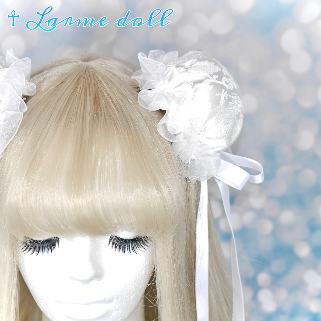 【受注生産】《☥》ゆめかわチャイナおだんごカバー 取り外し可能綿クッション+ヘアクリップ付き(オーガンジーレース白)(本体カバーカラー▷白)