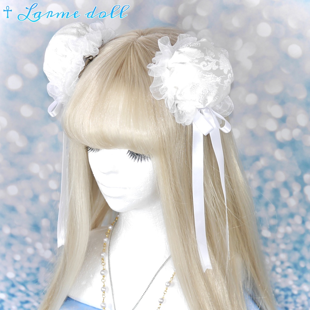 【受注生産】《☥》ゆめかわチャイナおだんごカバー 取り外し可能綿クッション+ヘアクリップ付き(オーガンジーレース白)(本体カバーカラー▷白)