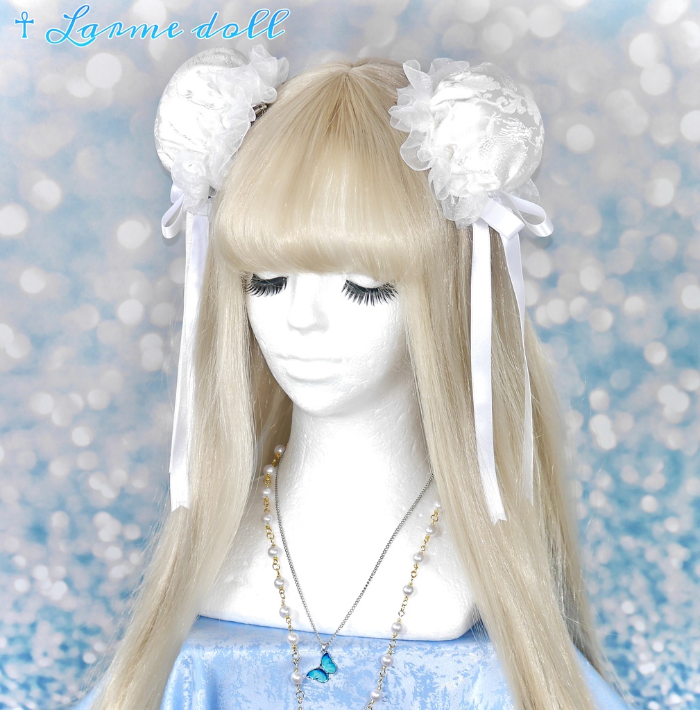 【受注生産】《☥》ゆめかわチャイナおだんごカバー 取り外し可能綿クッション+ヘアクリップ付き(オーガンジーレース白)(本体カバーカラー▷白)