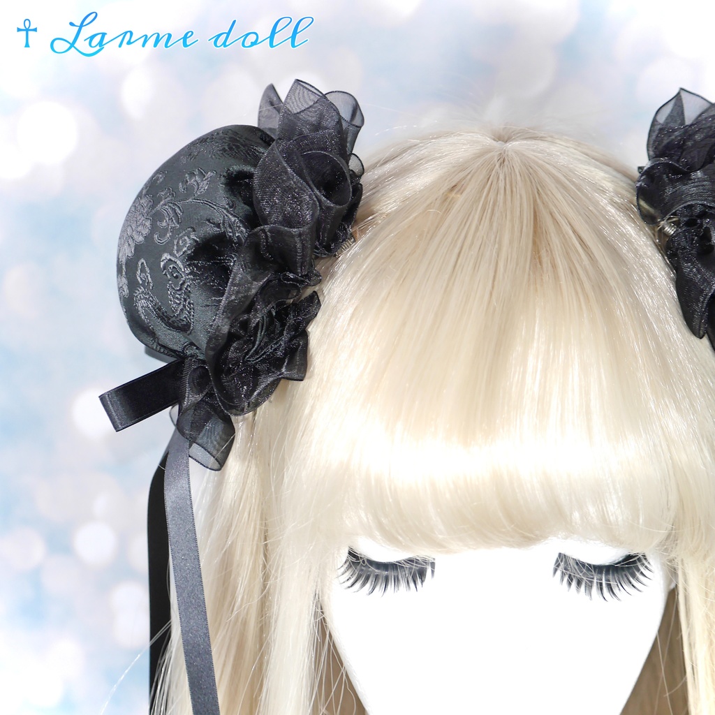 【受注生産】《☥》ゆめかわチャイナおだんごカバー(オーガンジーレース黒)取り外し可能綿クッション+ヘアクリップ付き(本体カバーカラー▷黒)