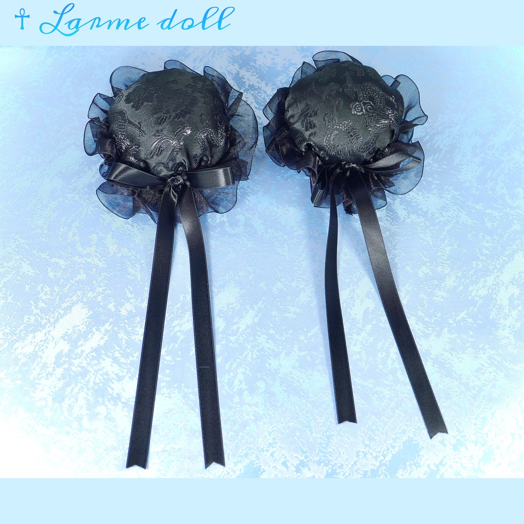 【受注生産】《☥》ゆめかわチャイナおだんごカバー(オーガンジーレース黒)取り外し可能綿クッション+ヘアクリップ付き(本体カバーカラー▷黒)