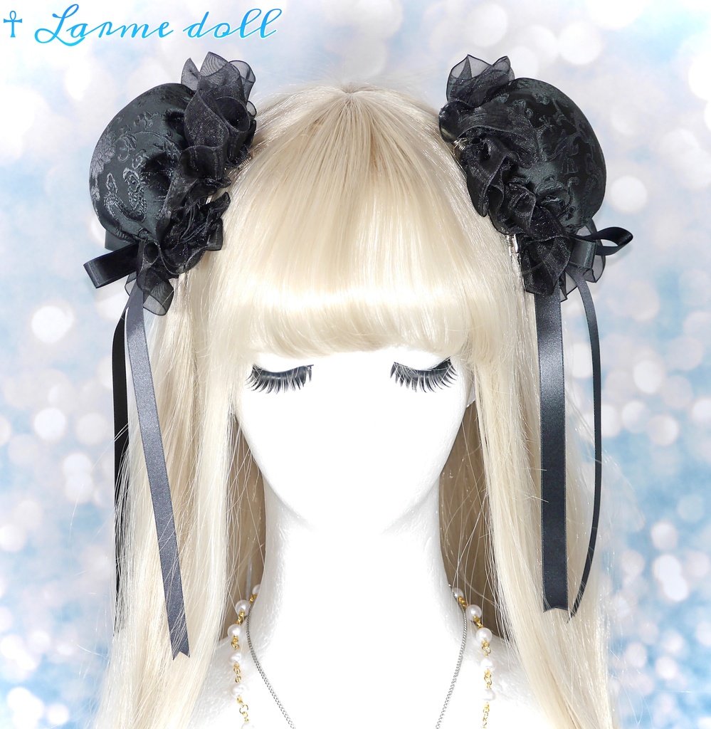 【受注生産】《☥》ゆめかわチャイナおだんごカバー(オーガンジーレース黒)取り外し可能綿クッション+ヘアクリップ付き(本体カバーカラー▷黒)