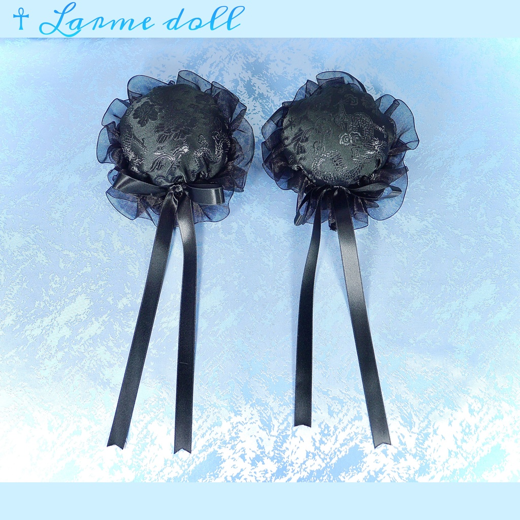 【受注生産】《☥》ゆめかわチャイナおだんごカバー(オーガンジーレース黒)取り外し可能綿クッション+ヘアクリップ付き(本体カバーカラー▷黒)