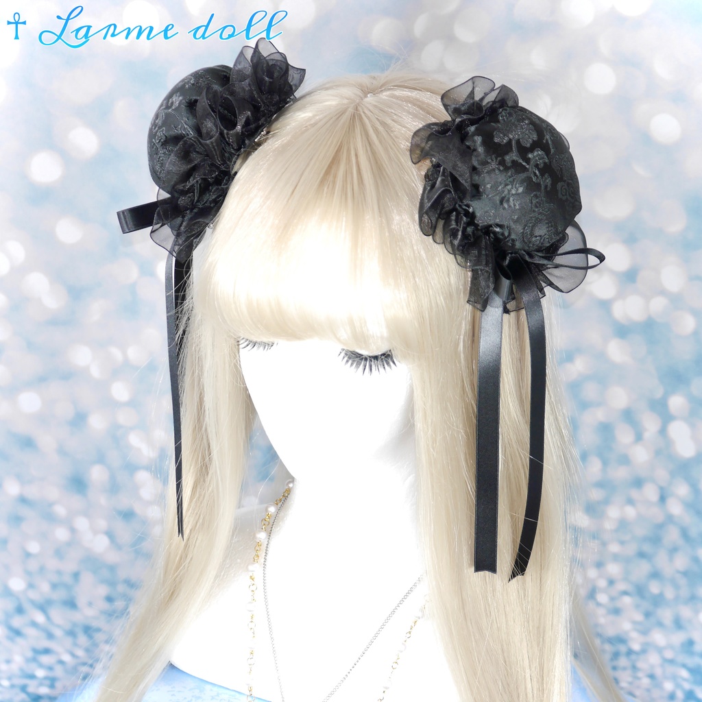 【受注生産】《☥》ゆめかわチャイナおだんごカバー(オーガンジーレース黒)取り外し可能綿クッション+ヘアクリップ付き(本体カバーカラー▷黒)