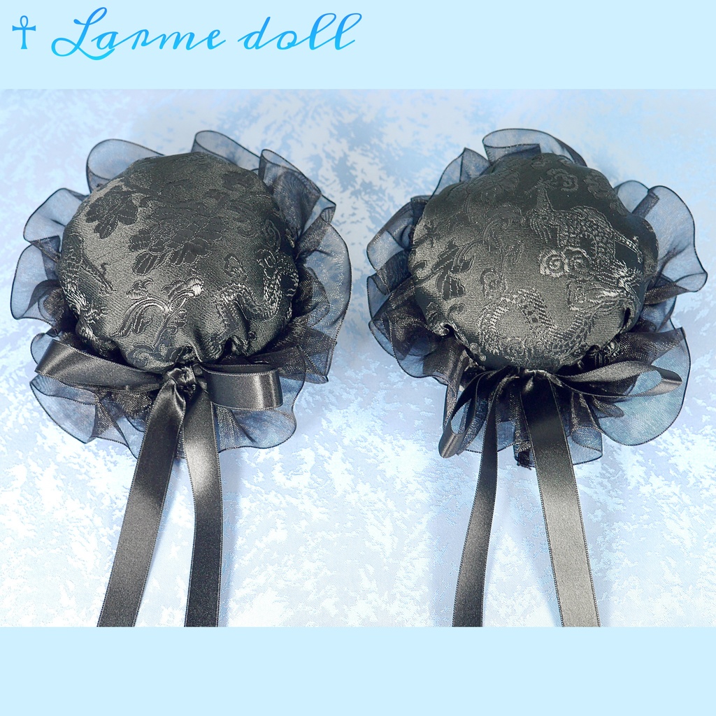 【受注生産】《☥》ゆめかわチャイナおだんごカバー(オーガンジーレース黒)取り外し可能綿クッション+ヘアクリップ付き(本体カバーカラー▷黒)