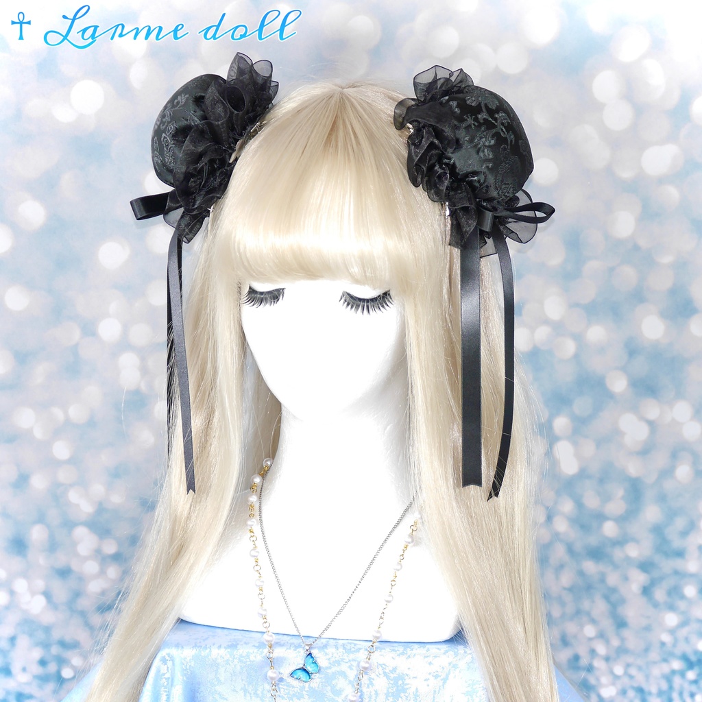 【受注生産】《☥》ゆめかわチャイナおだんごカバー(オーガンジーレース黒)取り外し可能綿クッション+ヘアクリップ付き(本体カバーカラー▷黒)