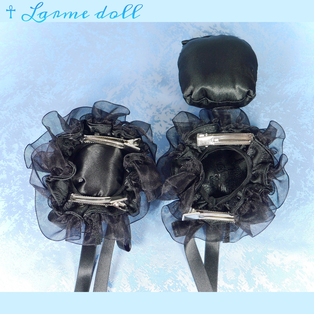 【受注生産】《☥》ゆめかわチャイナおだんごカバー(オーガンジーレース黒)取り外し可能綿クッション+ヘアクリップ付き(本体カバーカラー▷黒)