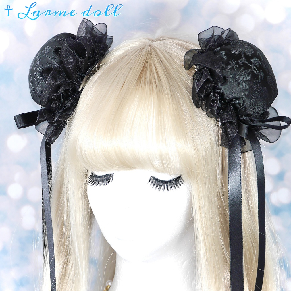 【受注生産】《☥》ゆめかわチャイナおだんごカバー(オーガンジーレース黒)取り外し可能綿クッション+ヘアクリップ付き(本体カバーカラー▷黒)