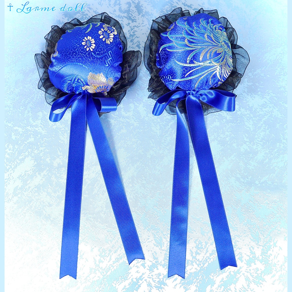 【受注生産】《☥》ゆめかわチャイナおだんごカバー(オーガンジーレース黒)取り外し可能綿クッション+ヘアクリップ付き(本体カバーカラー▷和華青)