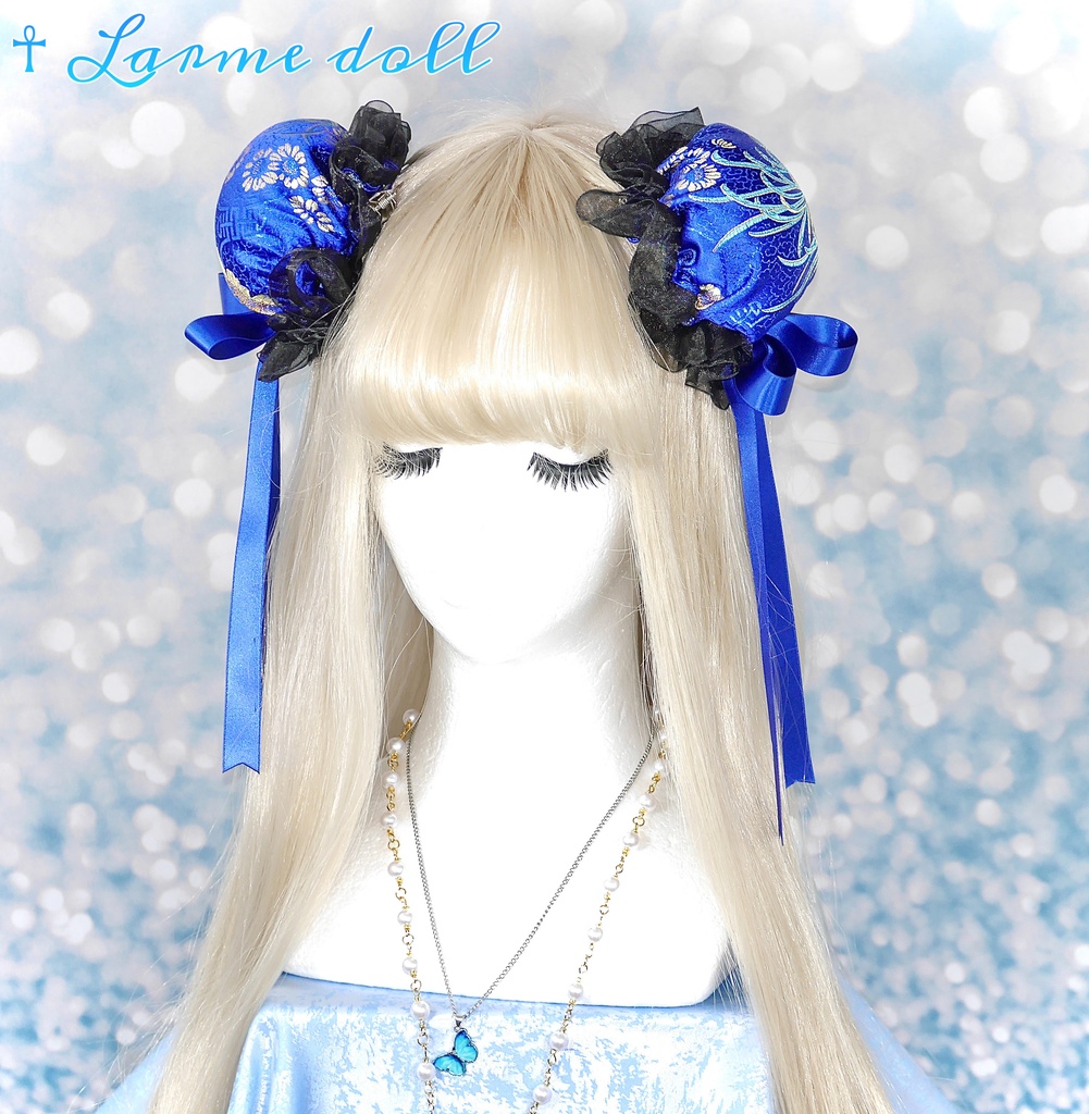 【受注生産】《☥》ゆめかわチャイナおだんごカバー(オーガンジーレース黒)取り外し可能綿クッション+ヘアクリップ付き(本体カバーカラー▷和華青)