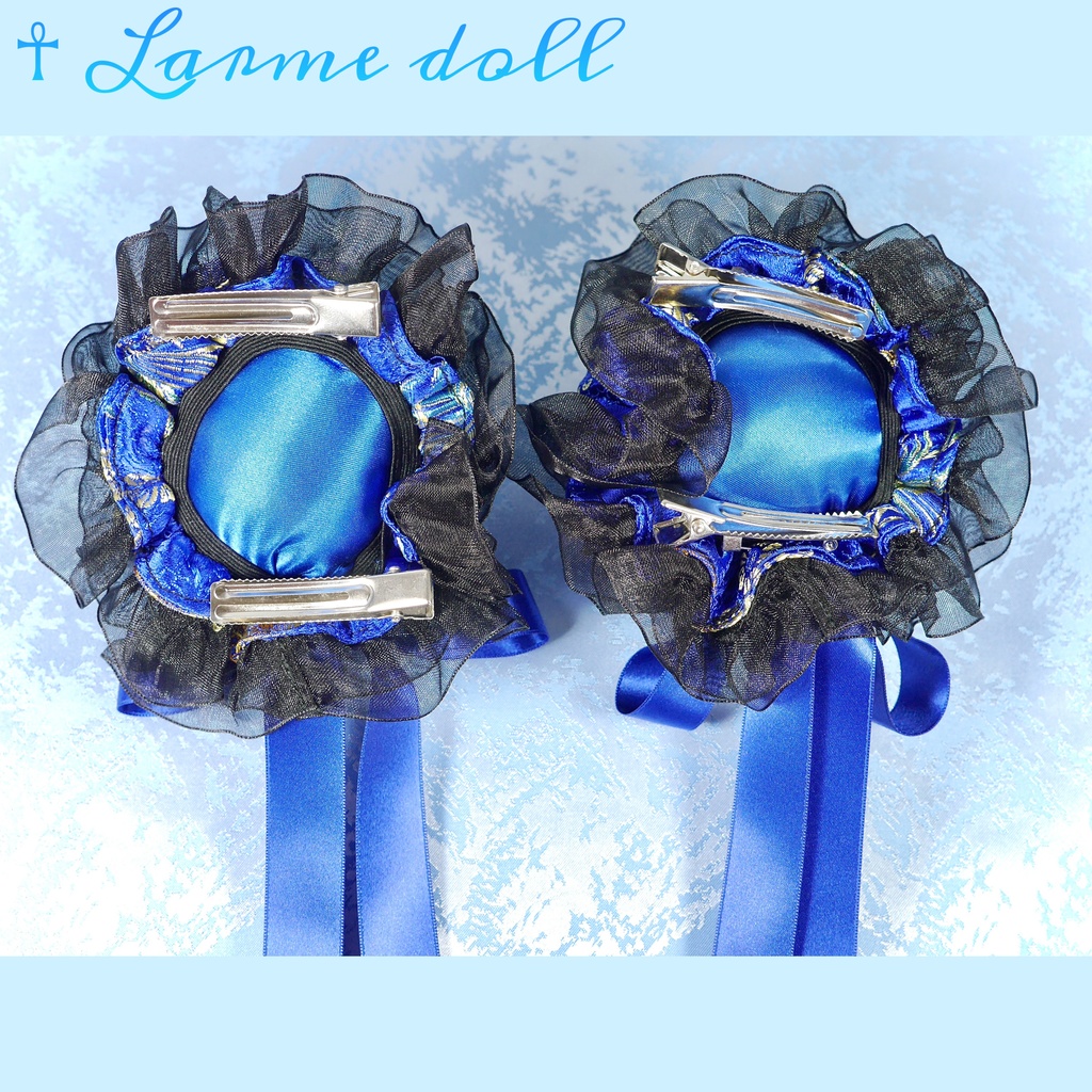 【受注生産】《☥》ゆめかわチャイナおだんごカバー(オーガンジーレース黒)取り外し可能綿クッション+ヘアクリップ付き(本体カバーカラー▷和華青)