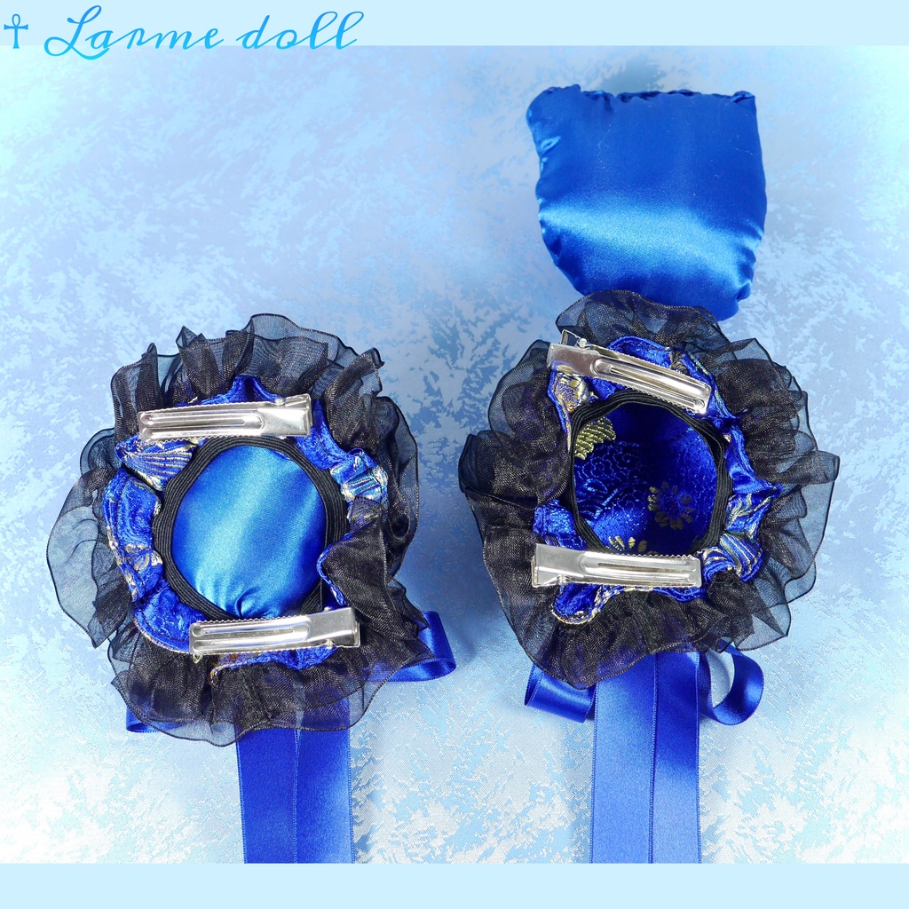 【受注生産】《☥》ゆめかわチャイナおだんごカバー(オーガンジーレース黒)取り外し可能綿クッション+ヘアクリップ付き(本体カバーカラー▷和華青)