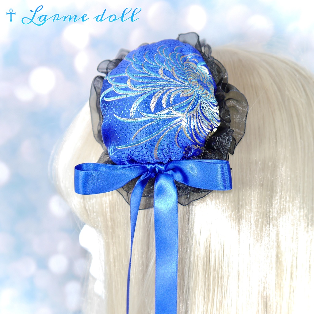 【受注生産】《☥》ゆめかわチャイナおだんごカバー(オーガンジーレース黒)取り外し可能綿クッション+ヘアクリップ付き(本体カバーカラー▷和華青)