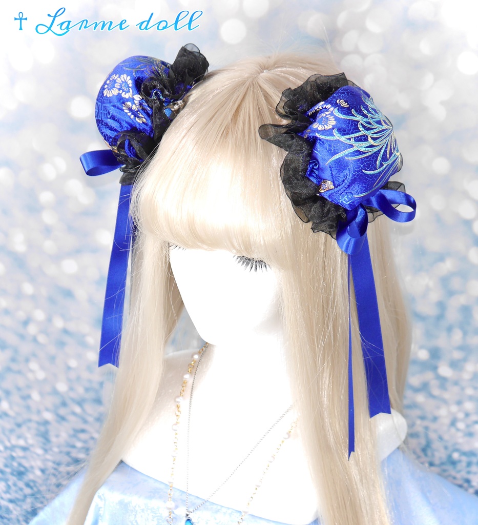 【受注生産】《☥》ゆめかわチャイナおだんごカバー(オーガンジーレース黒)取り外し可能綿クッション+ヘアクリップ付き(本体カバーカラー▷和華青)