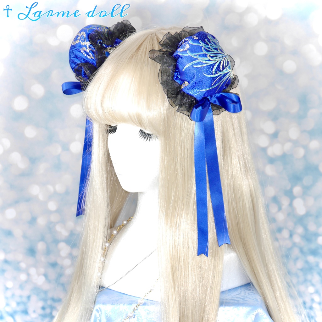 【受注生産】《☥》ゆめかわチャイナおだんごカバー(オーガンジーレース黒)取り外し可能綿クッション+ヘアクリップ付き(本体カバーカラー▷和華青)