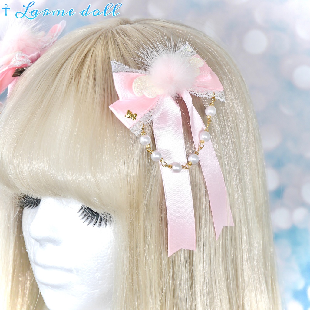 【完成品】【一点物】【⚠️ヘアクリップ劣化有り】《☥》エンジェルロングリボンヘアクリップ(カラー▷ピンク)