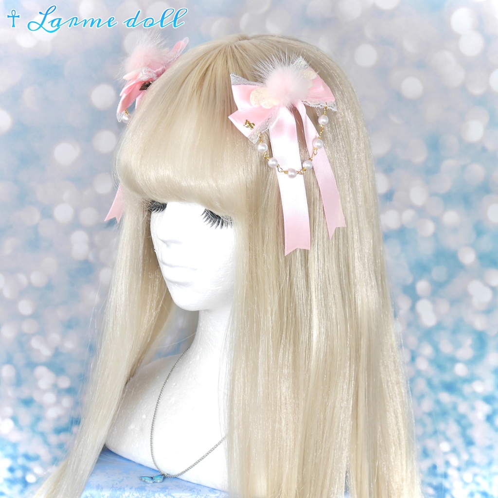 【完成品】【一点物】【⚠️ヘアクリップ劣化有り】《☥》エンジェルロングリボンヘアクリップ(カラー▷ピンク)