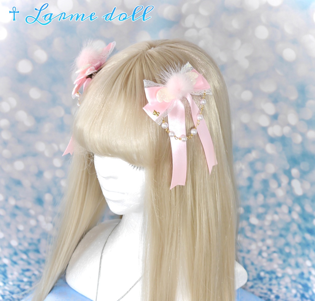 【完成品】【一点物】【⚠️ヘアクリップ劣化有り】《☥》エンジェルロングリボンヘアクリップ(カラー▷ピンク)