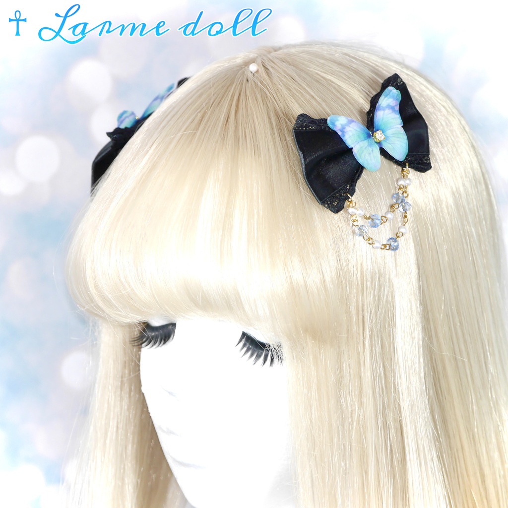 【完成品】【一点物】《☥》蝶々リボンヘアクリップ(ビーズチェーン付き)(リボンカラー▷黒)