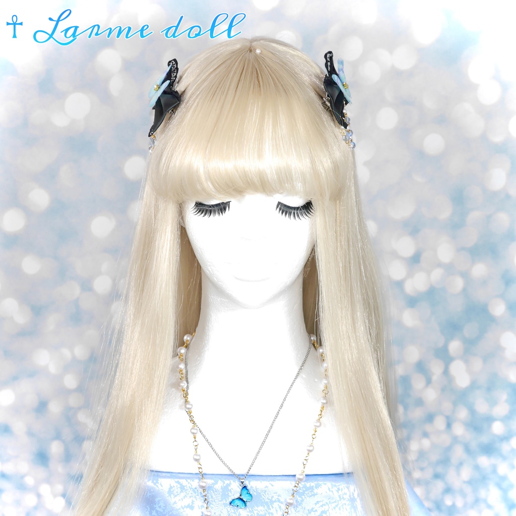 【完成品】【一点物】《☥》蝶々リボンヘアクリップ(ビーズチェーン付き)(リボンカラー▷黒)