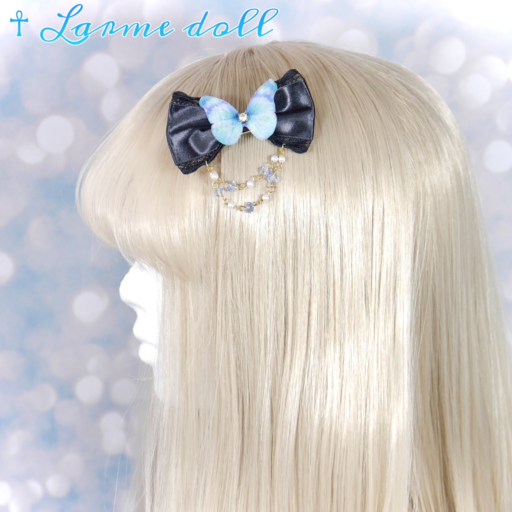 【完成品】【一点物】《☥》蝶々リボンヘアクリップ(ビーズチェーン付き)(リボンカラー▷黒)