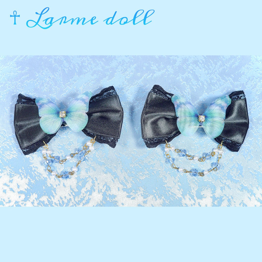 【完成品】【一点物】《☥》蝶々リボンヘアクリップ(ビーズチェーン付き)(リボンカラー▷黒)