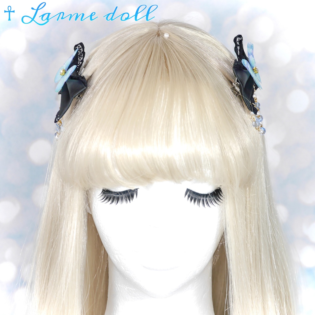 【完成品】【一点物】《☥》蝶々リボンヘアクリップ(ビーズチェーン付き)(リボンカラー▷黒)