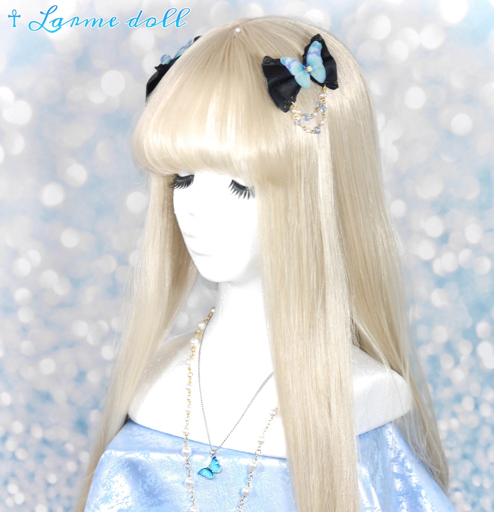 【完成品】【一点物】《☥》蝶々リボンヘアクリップ(ビーズチェーン付き)(リボンカラー▷黒)