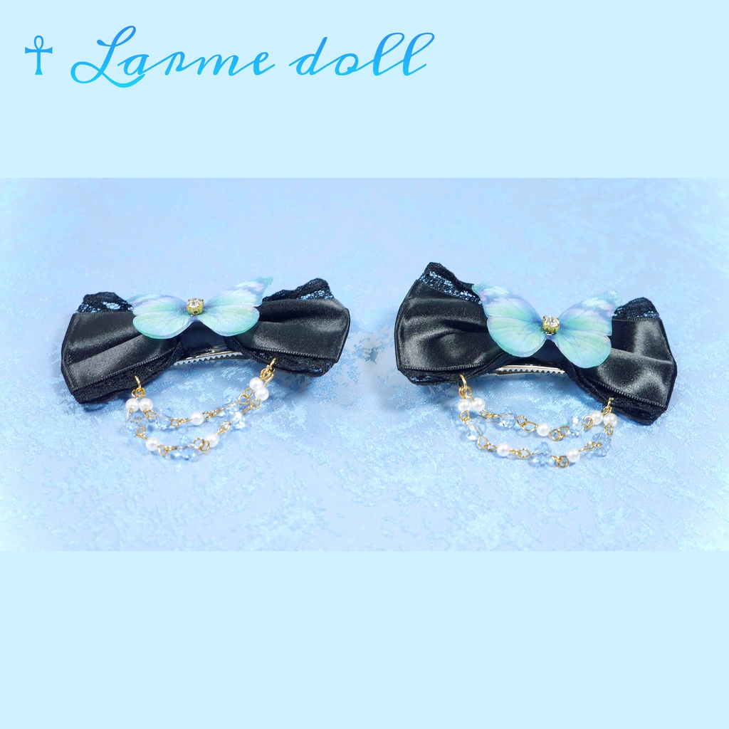 【完成品】【一点物】《☥》蝶々リボンヘアクリップ(ビーズチェーン付き)(リボンカラー▷黒)