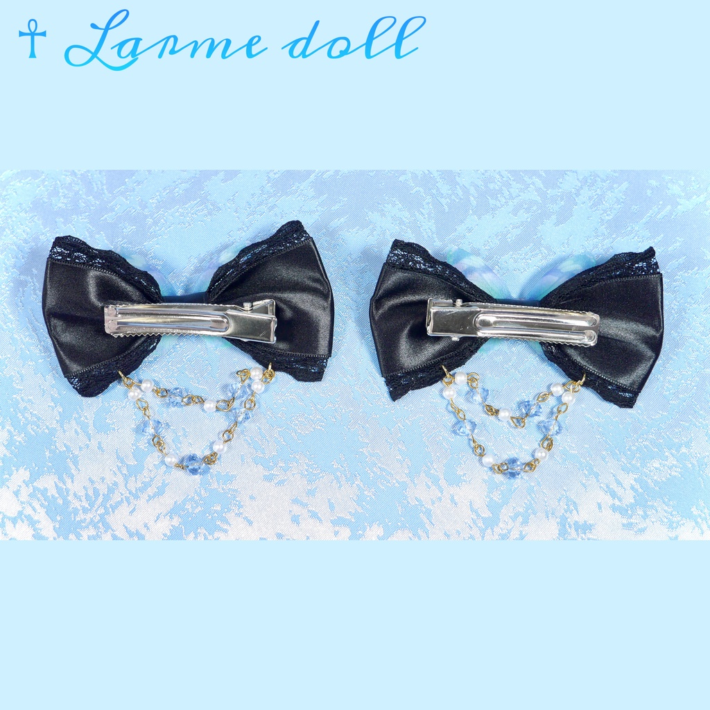 【完成品】【一点物】《☥》蝶々リボンヘアクリップ(ビーズチェーン付き)(リボンカラー▷黒)