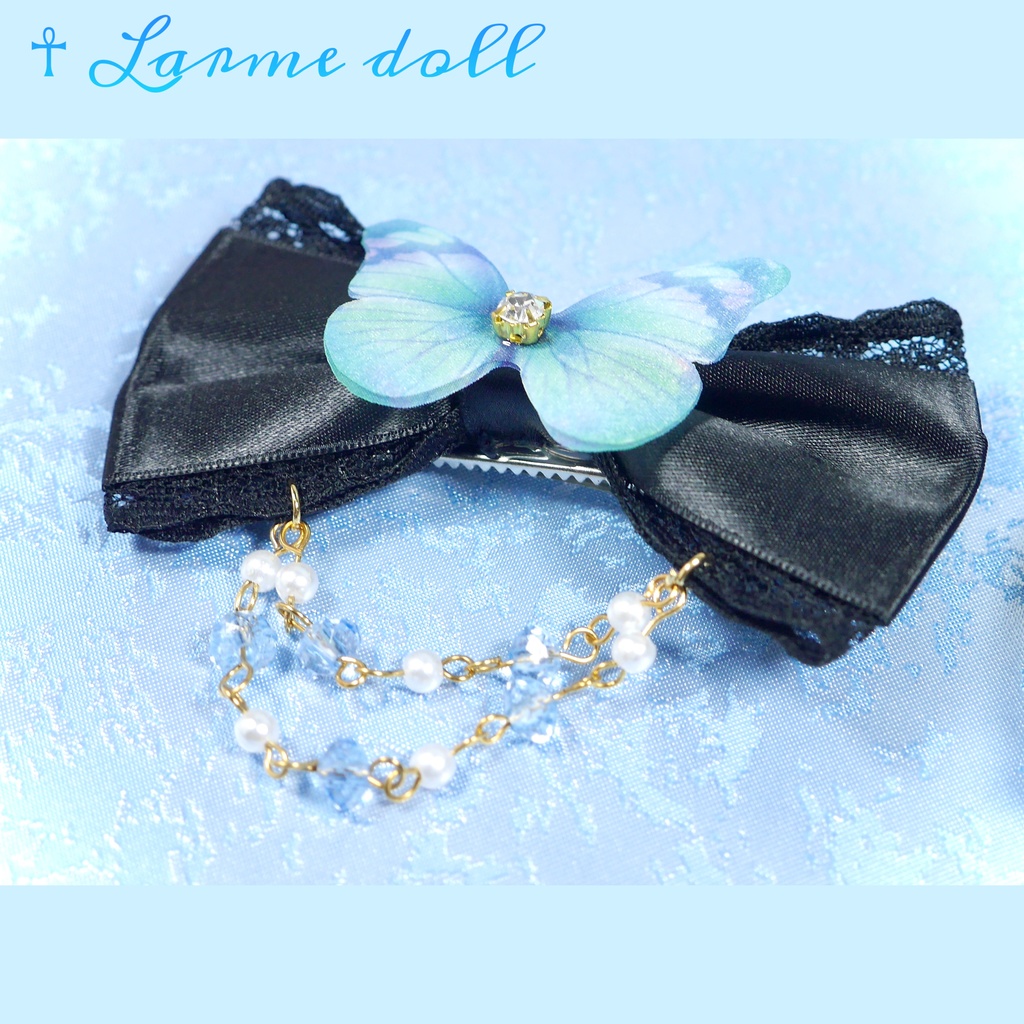 【完成品】【一点物】《☥》蝶々リボンヘアクリップ(ビーズチェーン付き)(リボンカラー▷黒)