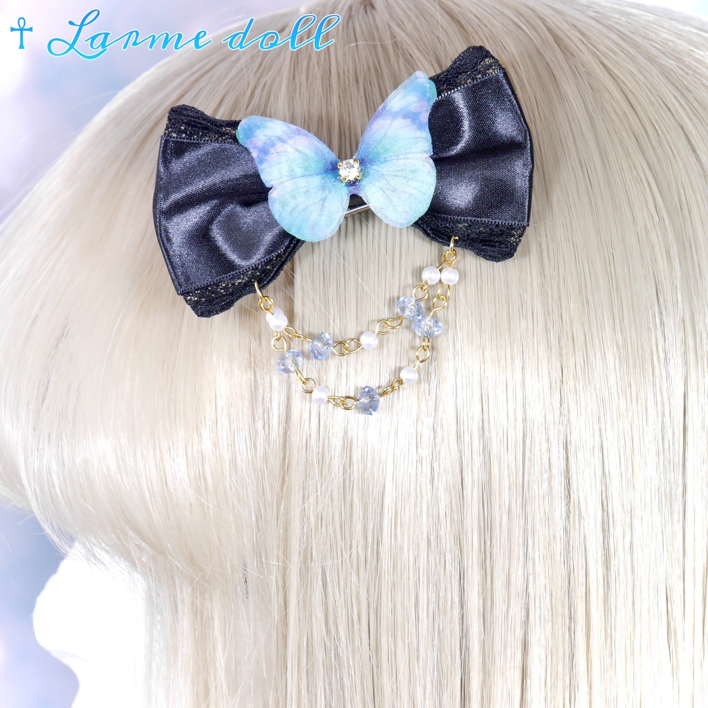 【完成品】【一点物】《☥》蝶々リボンヘアクリップ(ビーズチェーン付き)(リボンカラー▷黒)