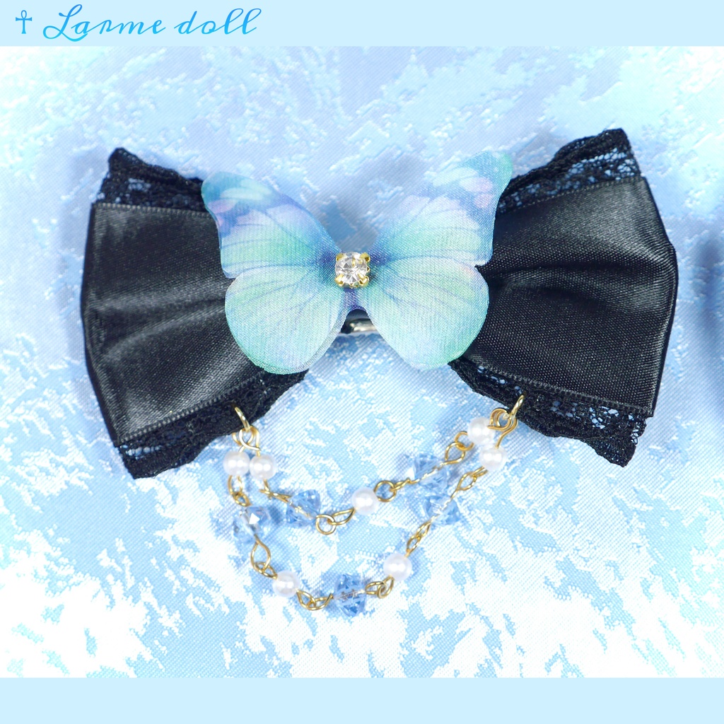 【完成品】【一点物】《☥》蝶々リボンヘアクリップ(ビーズチェーン付き)(リボンカラー▷黒)