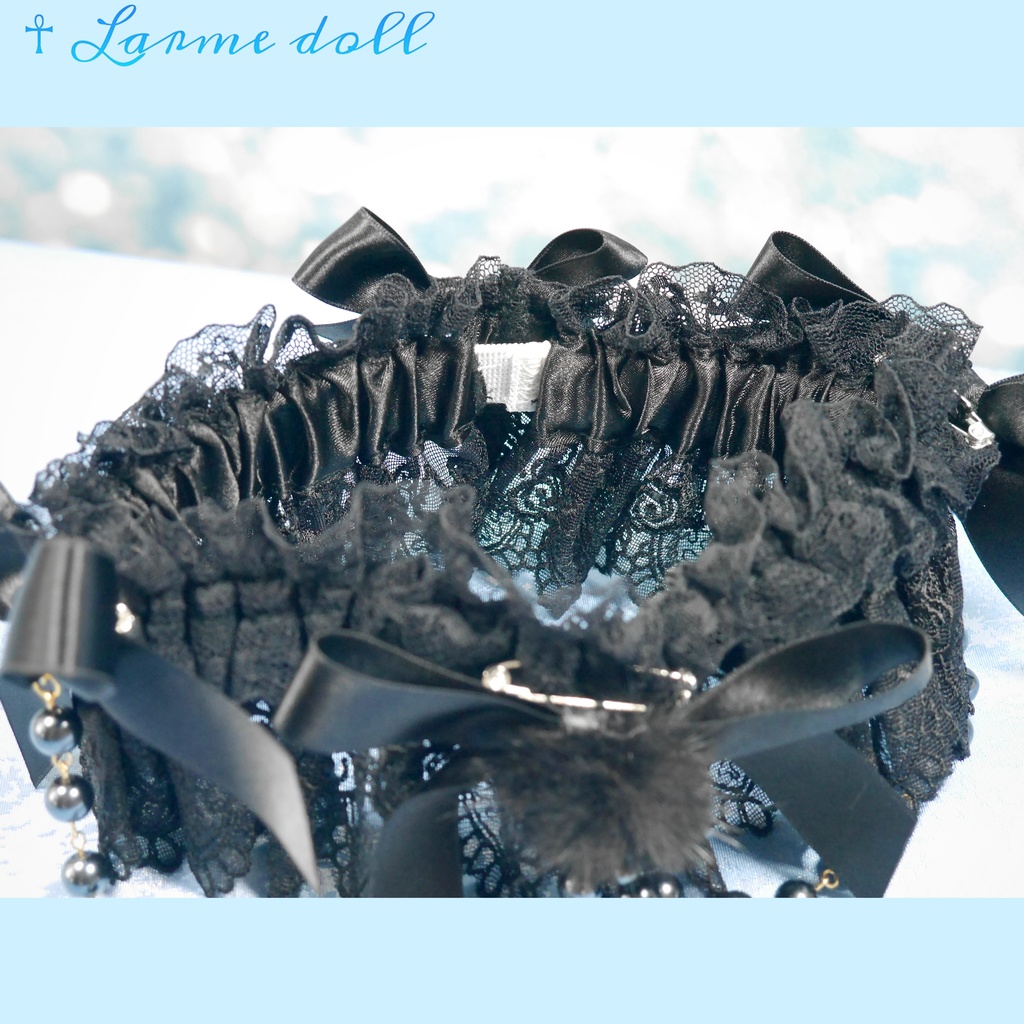 【受注生産】《☥》ふわふわファーガーターリング ガラス製パールビーズタイプ (黒)