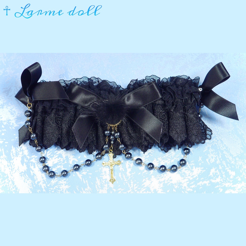 【受注生産】《☥》ふわふわファーガーターリング ガラス製パールビーズタイプ (黒)