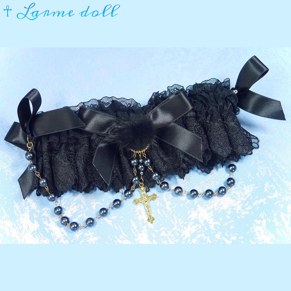 【受注生産】《☥》ふわふわファーガーターリング ガラス製パールビーズタイプ (黒)