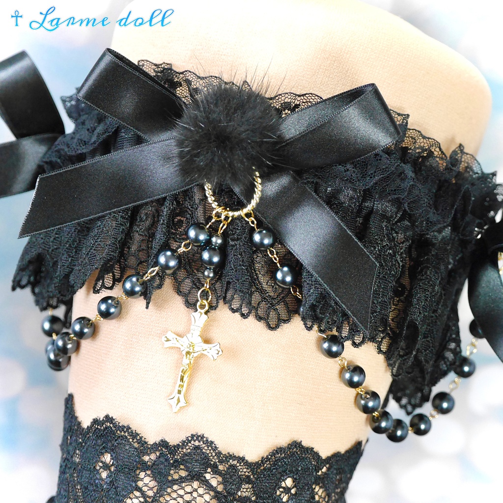 【受注生産】《☥》ふわふわファーガーターリング ガラス製パールビーズタイプ (黒)