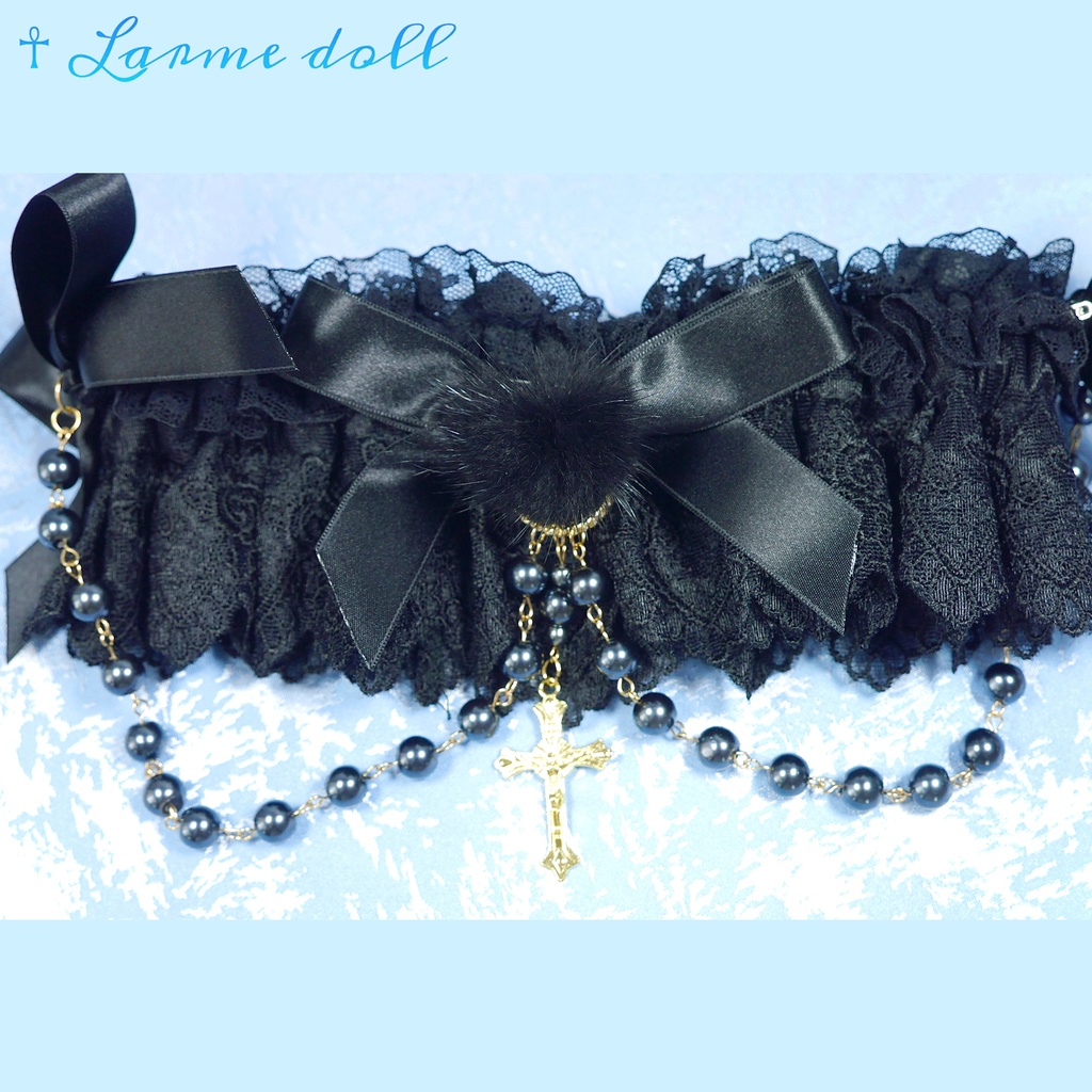 【受注生産】《☥》ふわふわファーガーターリング ガラス製パールビーズタイプ (黒)