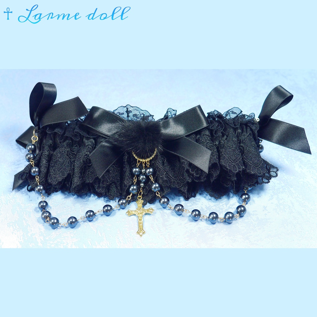 【受注生産】《☥》ふわふわファーガーターリング ガラス製パールビーズタイプ (黒)