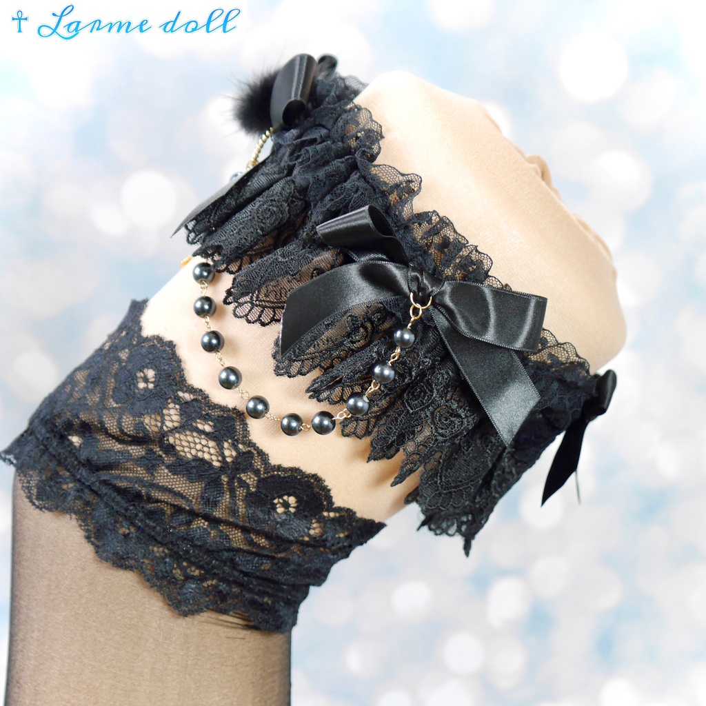 【受注生産】《☥》ふわふわファーガーターリング ガラス製パールビーズタイプ (黒)