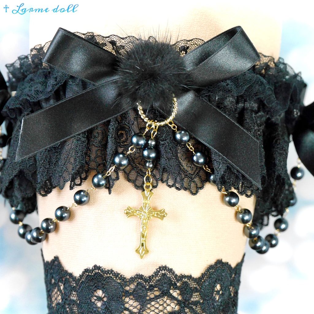 【受注生産】《☥》ふわふわファーガーターリング ガラス製パールビーズタイプ (黒)