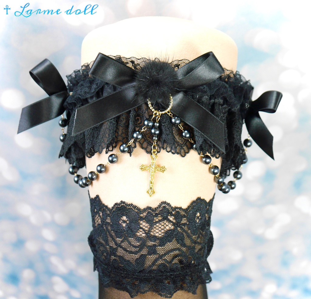 【受注生産】《☥》ふわふわファーガーターリング ガラス製パールビーズタイプ (黒)