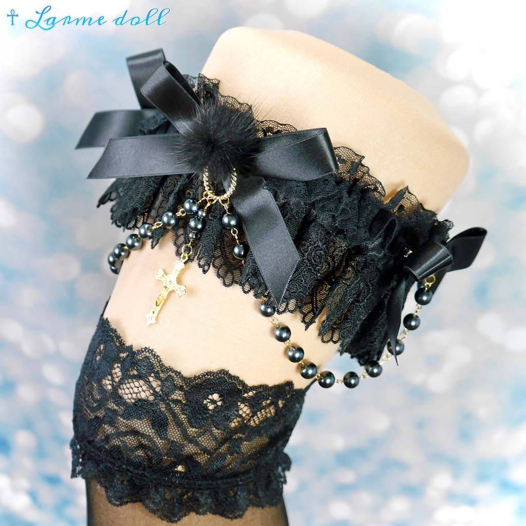 【受注生産】《☥》ふわふわファーガーターリング ガラス製パールビーズタイプ (黒)