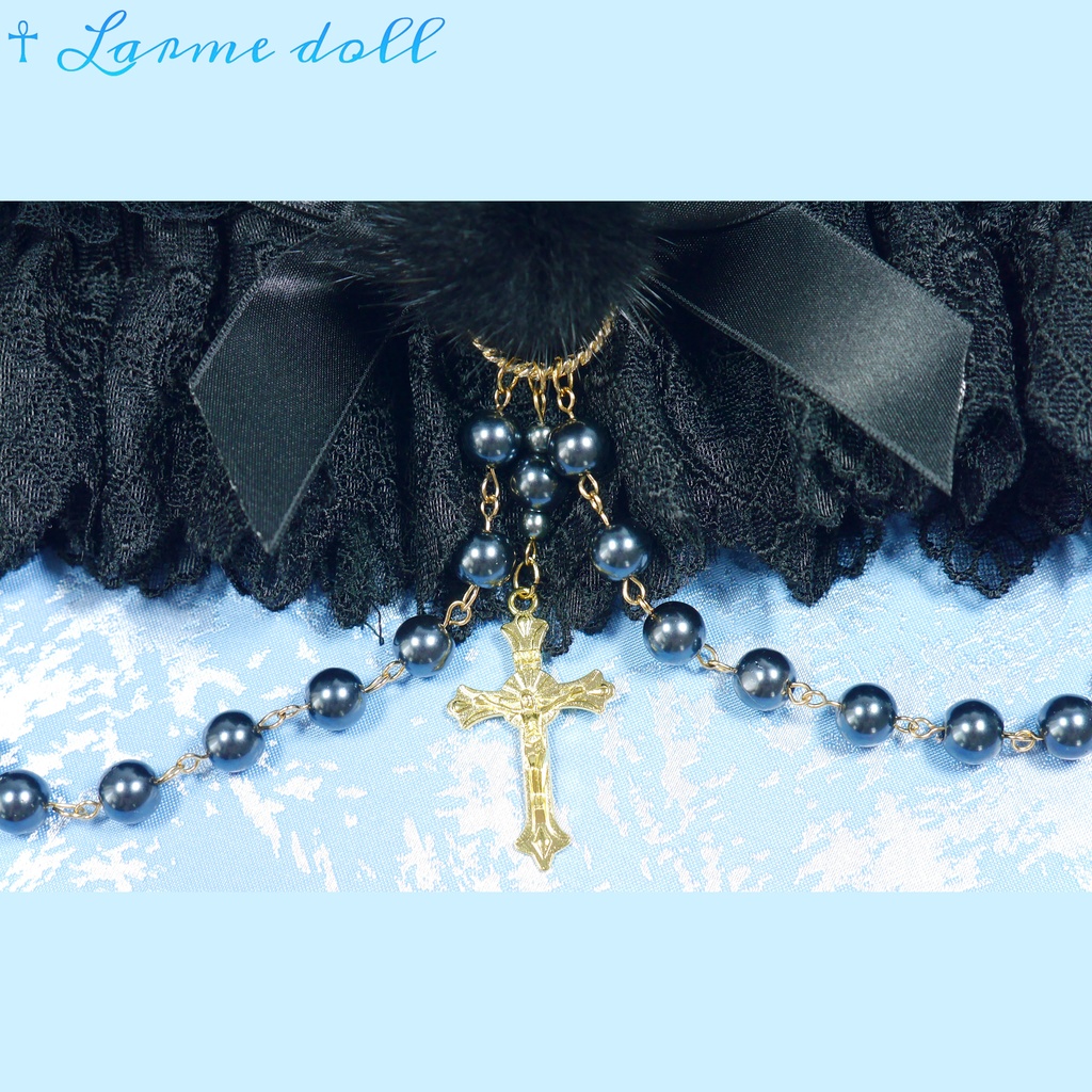 【受注生産】《☥》ふわふわファーガーターリング ガラス製パールビーズタイプ (黒)