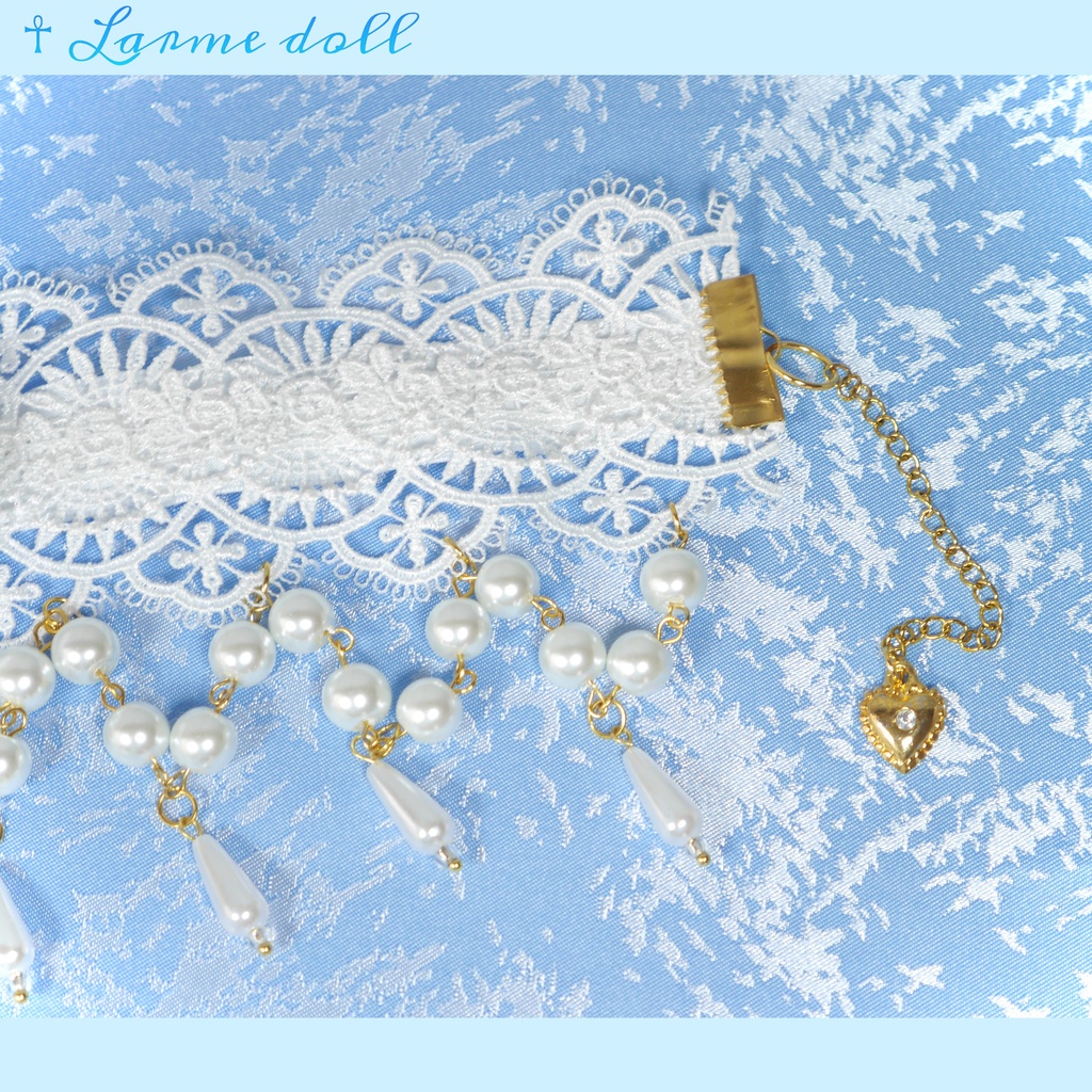 【受注生産】《☥》ロリィタリボンチョーカー リード有無変更可能 (ガラス製丸パールビーズタイプ)(カラー▷白)