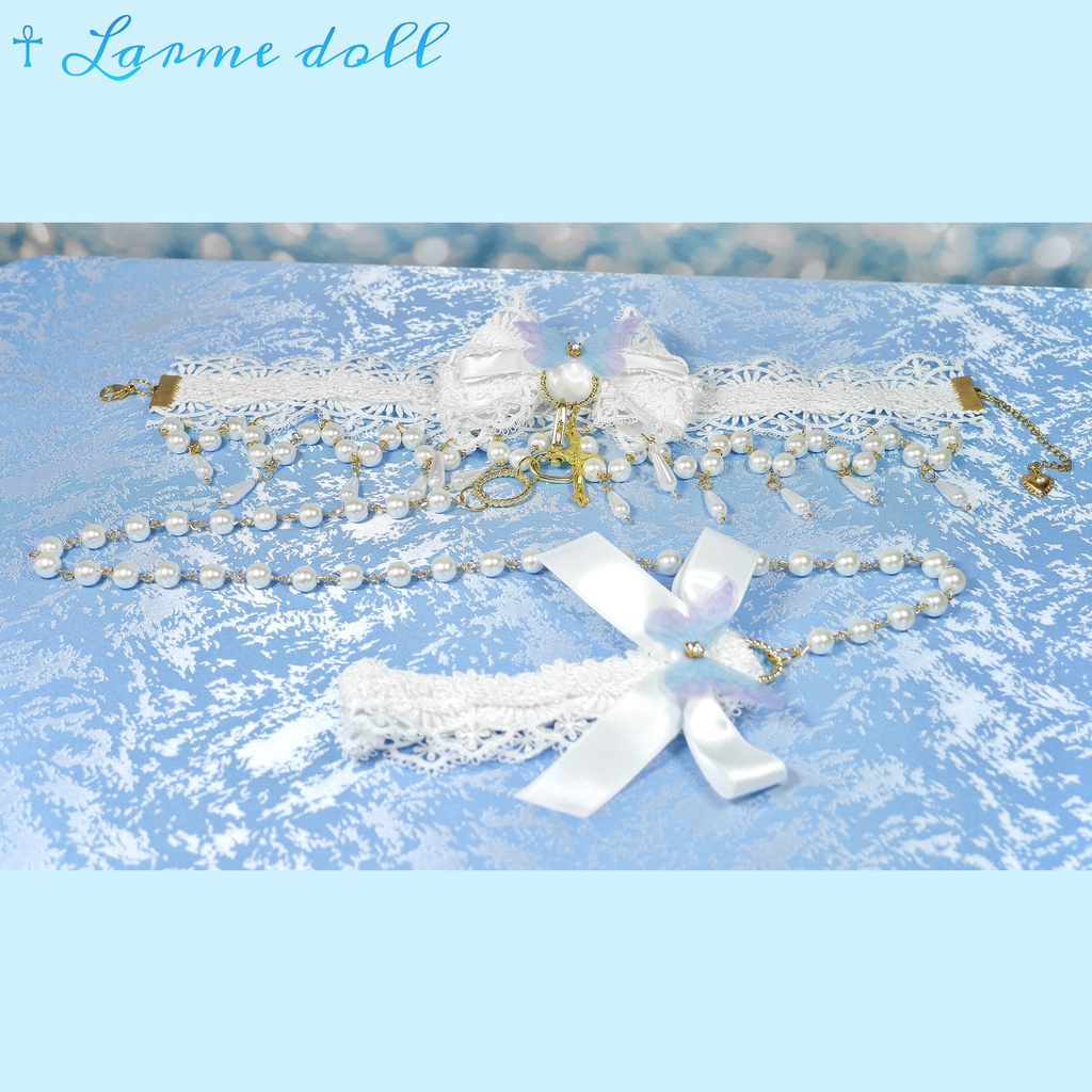 【受注生産】《☥》ロリィタリボンチョーカー リード有無変更可能 (ガラス製丸パールビーズタイプ)(カラー▷白)