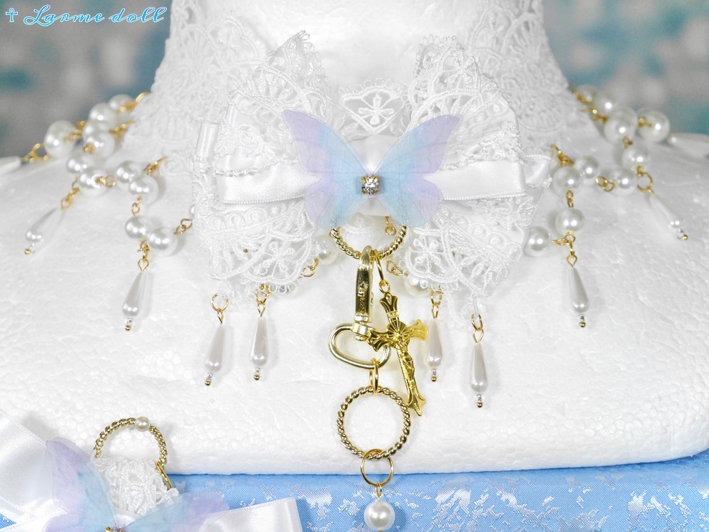 【受注生産】《☥》ロリィタリボンチョーカー リード有無変更可能 (ガラス製丸パールビーズタイプ)(カラー▷白)