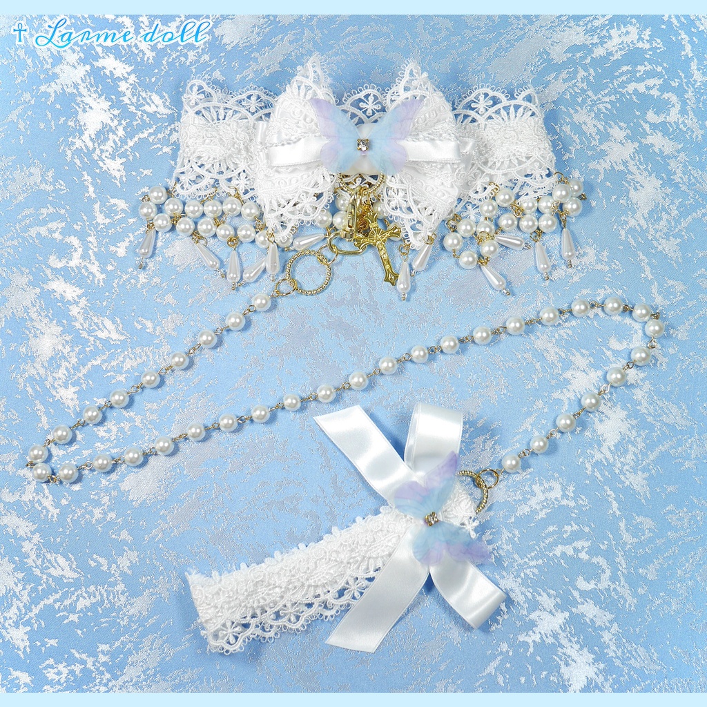 【受注生産】《☥》ロリィタリボンチョーカー リード有無変更可能 (ガラス製丸パールビーズタイプ)(カラー▷白)